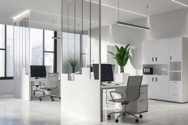 White and glass office with bookcases